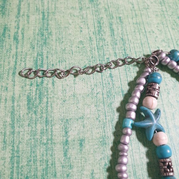 Faux Turquoise Silver Tone Beaded Bracelet Starfish Turtle Beach Core Ankle - Picture 3 of 3